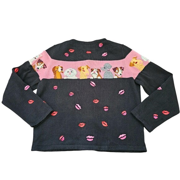 Michael Simon M Cardigan Dog Sweater Kiss Lips Embroidered Beaded Black Pink - Picture 3 of 16